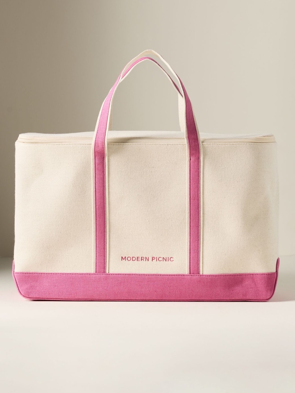 NWOT Anthropologie Modern Picnic Canvas Tote in Cream with Pink Trim